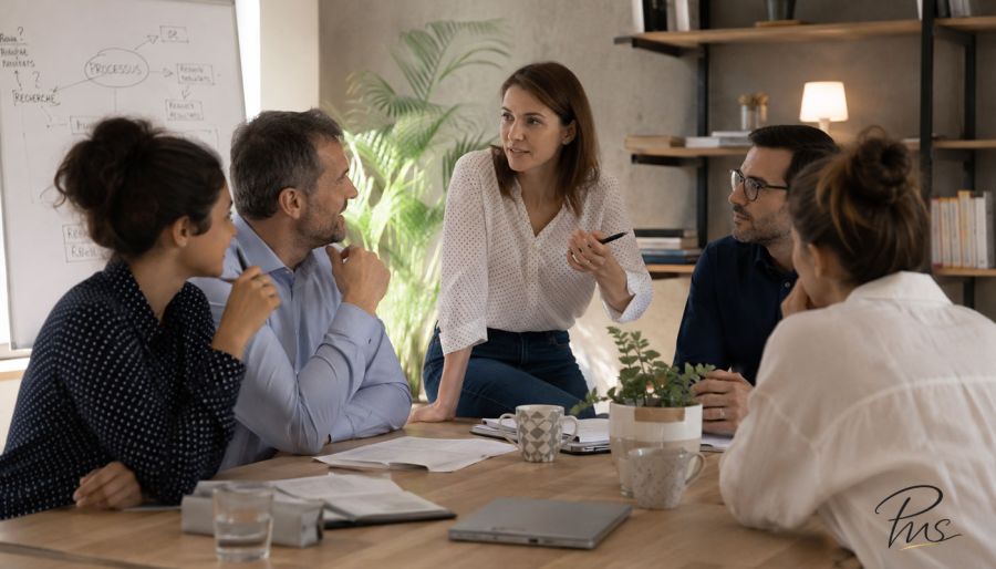 Équipe en situation d’échange illustrant la coopération et la dynamique collective.